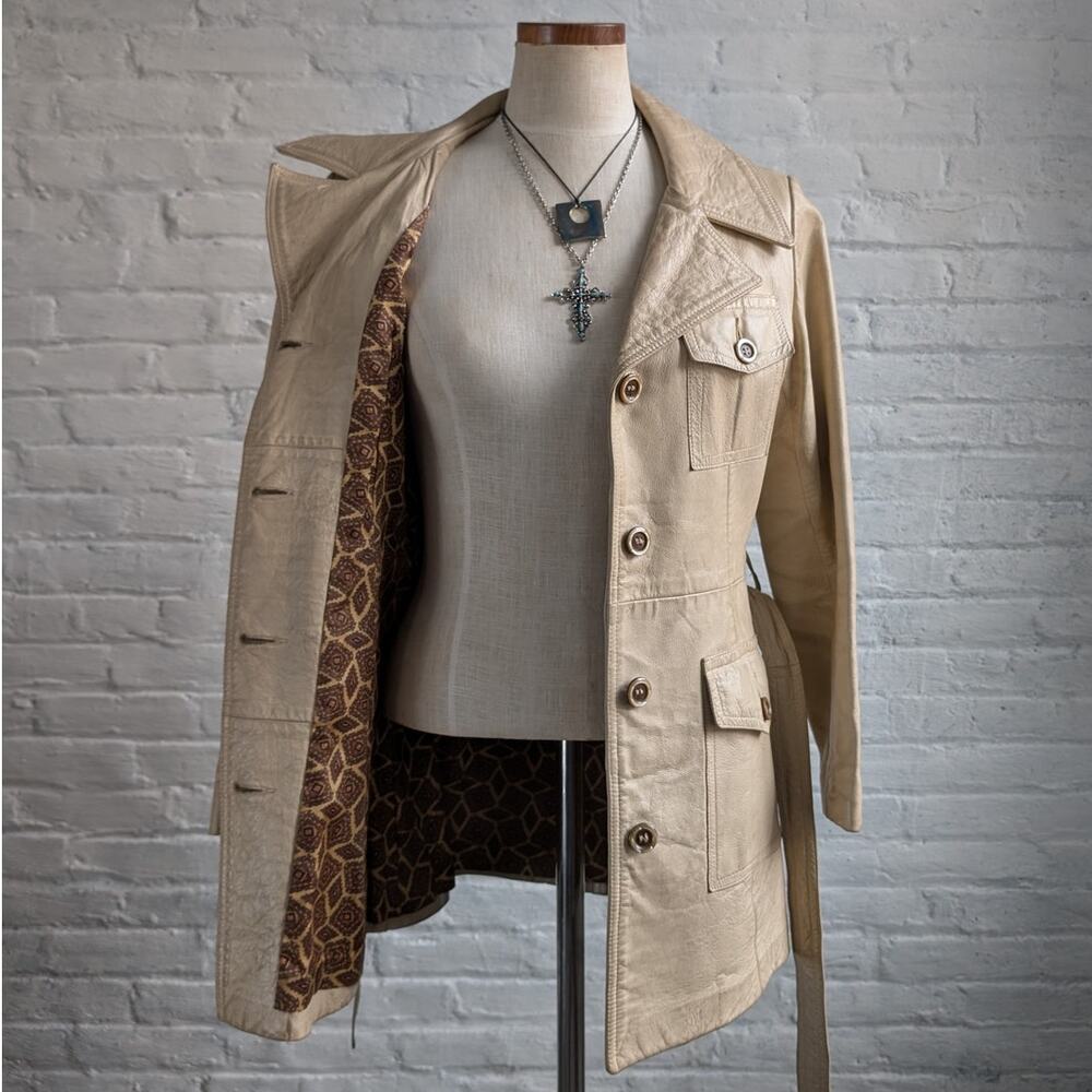 Vintage 70s White Genuine Leather Trench Coat Minimalist Boho Moto Biker Jacket
